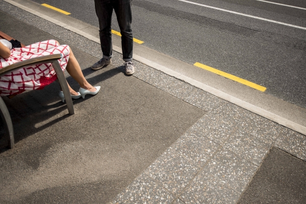 Dark grey precast concrete pavers with asphalt are common materials found in Retail Streets such as Rundle Street